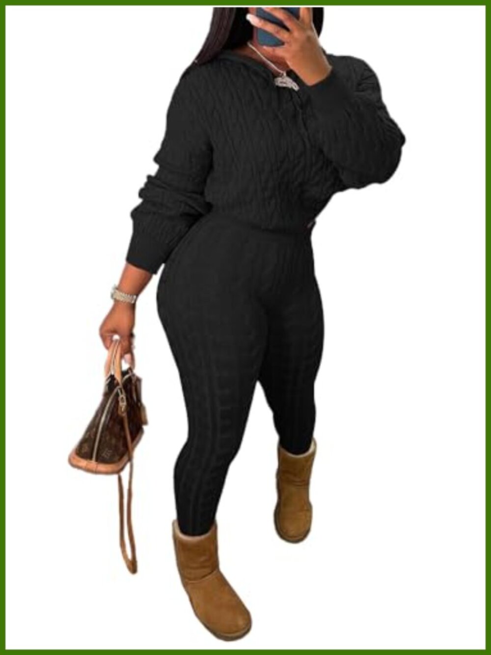 Knit Two Piece Sweater Set Long Sleeve Hoodie Drawstring Pull On Fall